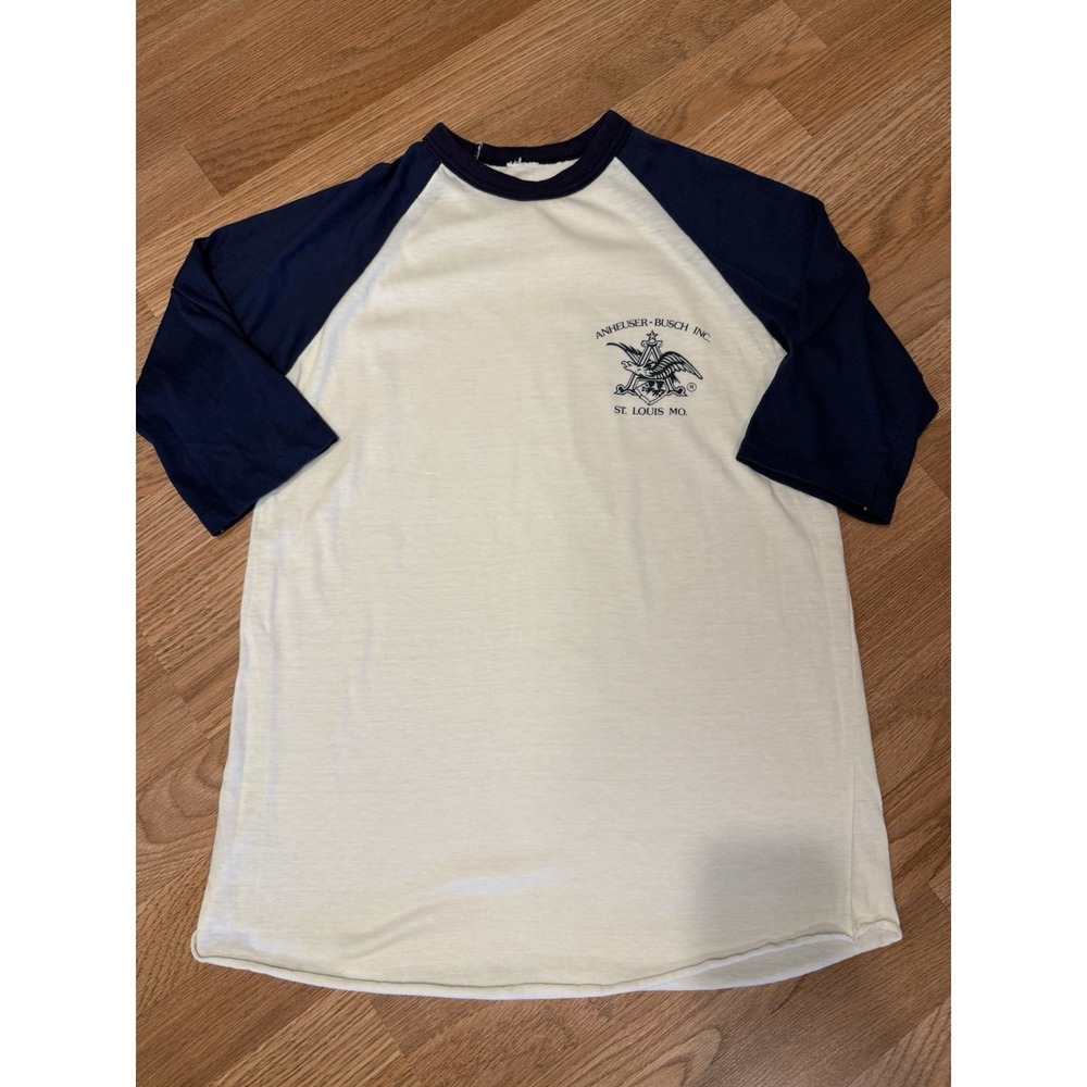 Vintage 70s 80s Anheuser-Busch logo beer Baseball T-shirt USA  Sz M Blue Cream - Picture 2 of 9